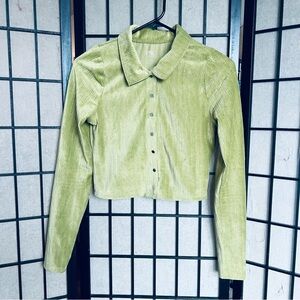 PAC cares green ribbed crop button down sz S